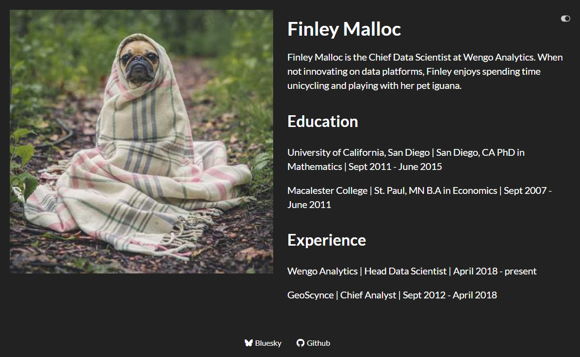 Screenshot of an About page using the broadside template. It has the author image on the left and the name, body, and links on the right.
